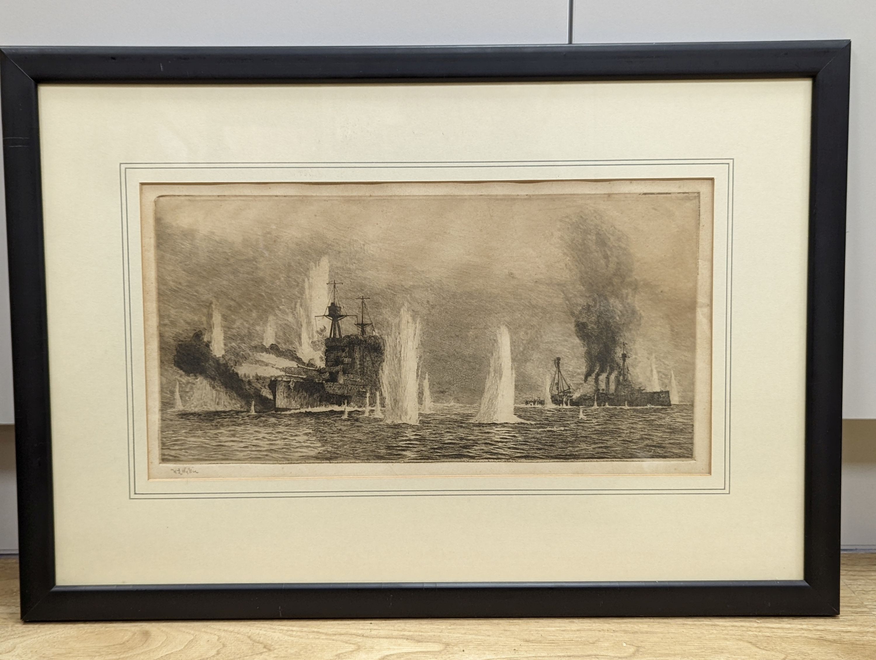 William Lionel Wyllie (1851-1931), etching, HMS Warspite and HMS Warrior at Jutland, signed in pencil, 21 x 42cm